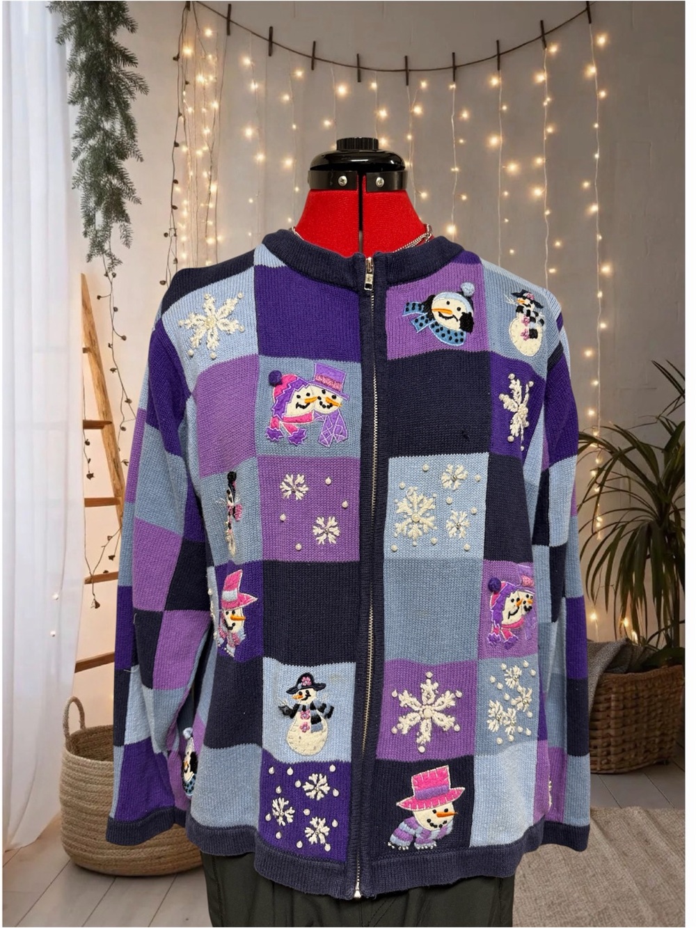 Vintage PB designs Patchwork checkered Snowman Christmas Zip knit sweater XL